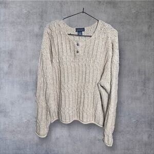 80s The Limited Cream Cotton Cable-Knit Henley Sweater Womens Size L VTG Coastal